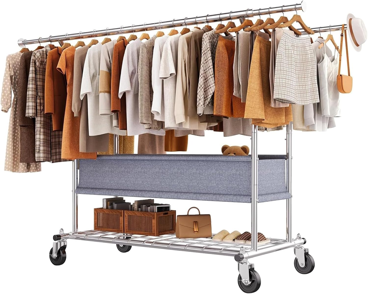 HOKEEPER Heavy Duty Clothes Rack on Wheels Double Clothes Rail Maximum Load 283 kg Industrial Design Coat Stand with Shelf and Laundry Basket Extendable Length and Height