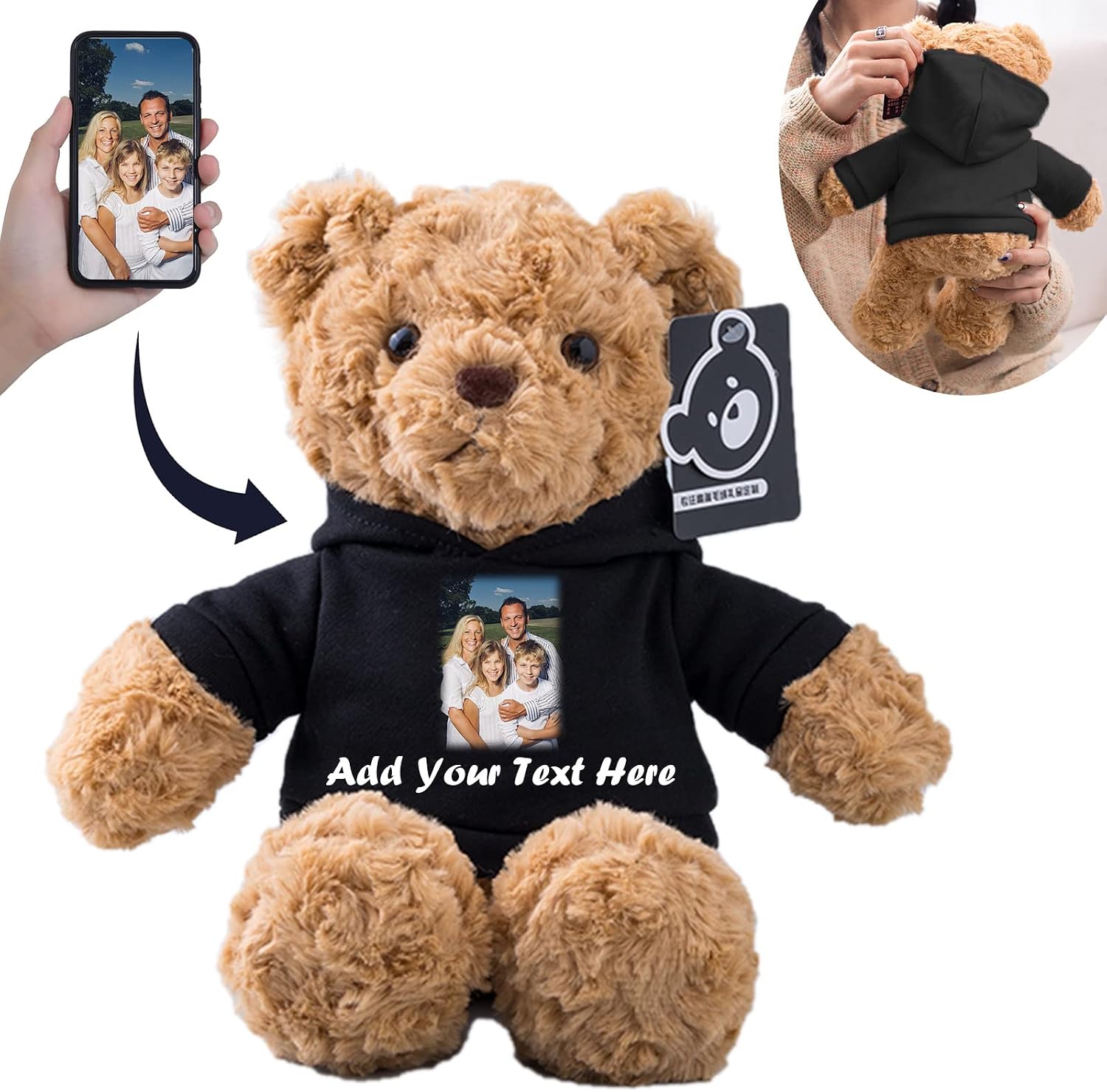 Personalized Teddy Bear Stuffed Animal, Stuffed Bear Plush Toys with Customized Text+Image as Personalized Gifts for Girlfriend/ Boyfriend on Valentines Day/ Birthday/ Christmas Day (11 in-Black)