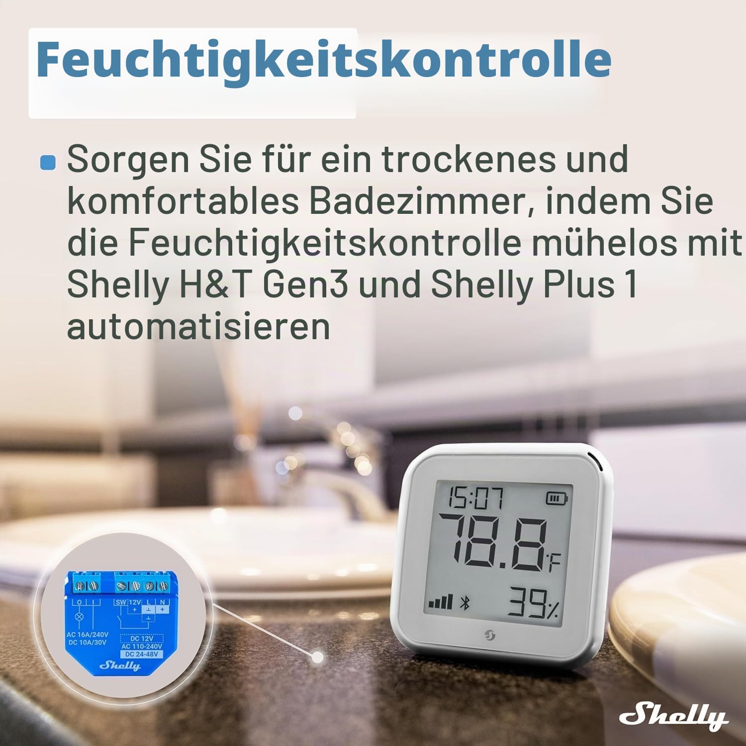 Shelly H&T Gen 3 Temperatur- und Feuchtigkeitssensoren, WLAN und Bluetooth, Hausautomatisierung, kein Hub erforderlich, lange Akkulaufzeit, Wandmontage