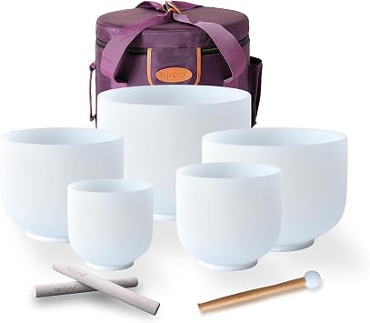 TOPFUND 7-12 Inch 432Hz Chakra Set of 5 Sharp Note Crystal Singing Bowls with Heavy Duty Carrying Case and Mallets