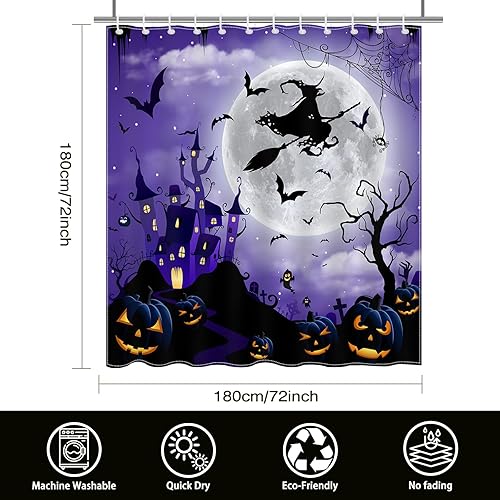 Miniatura 4 de Mocsicka Cortina de ducha de Halloween, castillo de terror, bruja, bosque brumoso, calabaza, cementerio, cortina de ducha de baño, cortina de ducha