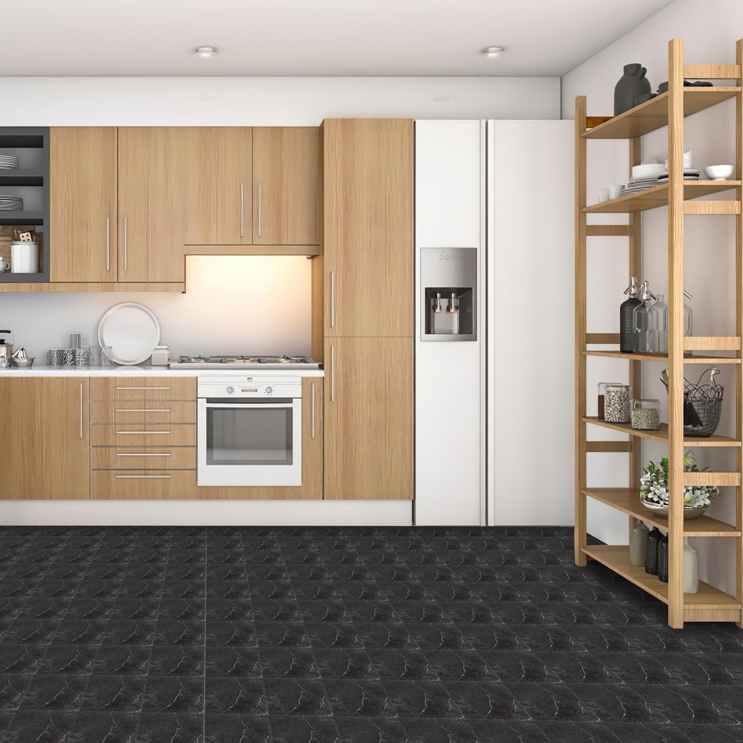 PVC Bodenbelag Selbstklebend, Vinylboden Klebefliesen 30×30 cm quadratisch, rutschfest & wasserabweisend, für Küche Bad Wohnzimmer (Schwarze Marmoroptik, 110 Fliesen, ca. 10 m²)
