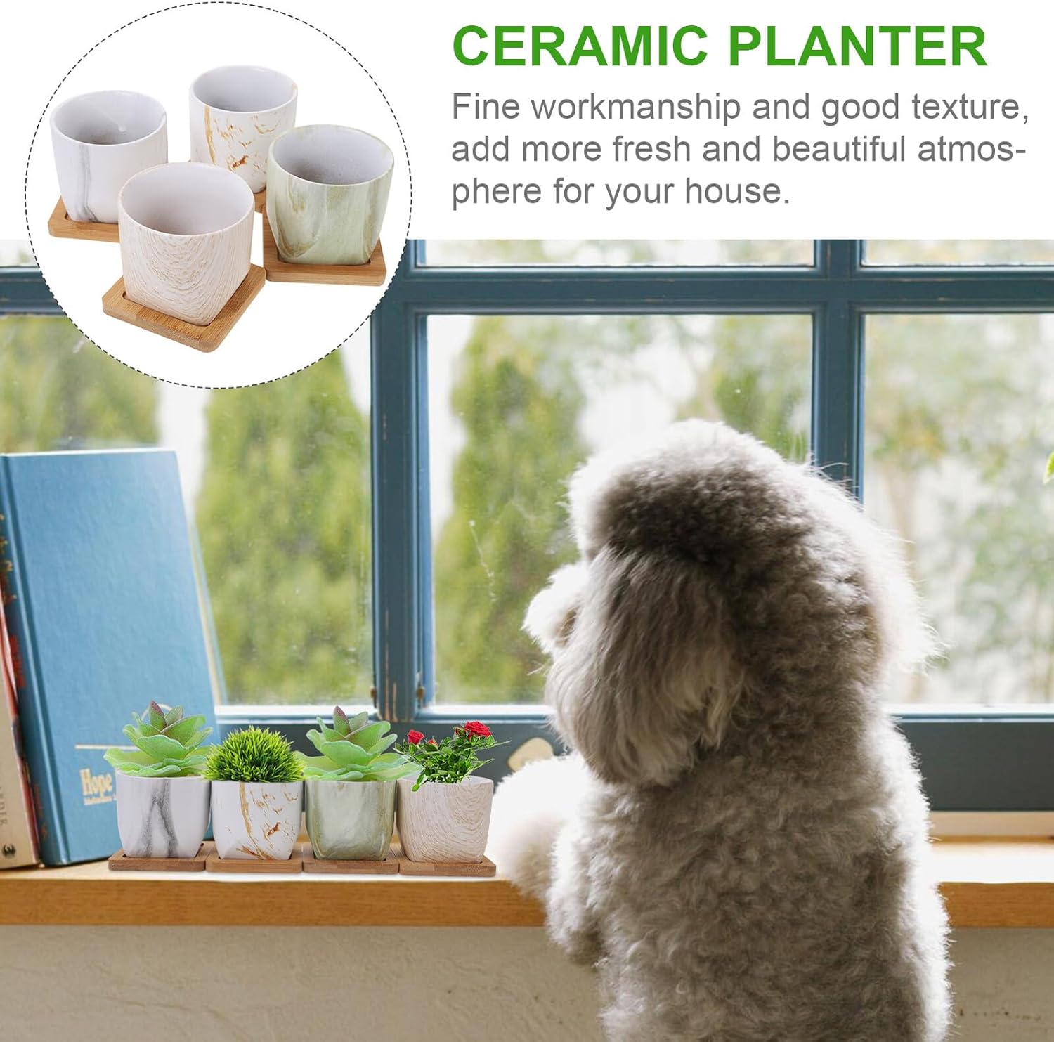 4 Sets Marble Pattern Ceramic Flower Pots with Base Multi-Function Succulent Planters for Indoor Home Office Balcony Simple Delicate Windowsill Nursery Pots for Garden Decoration