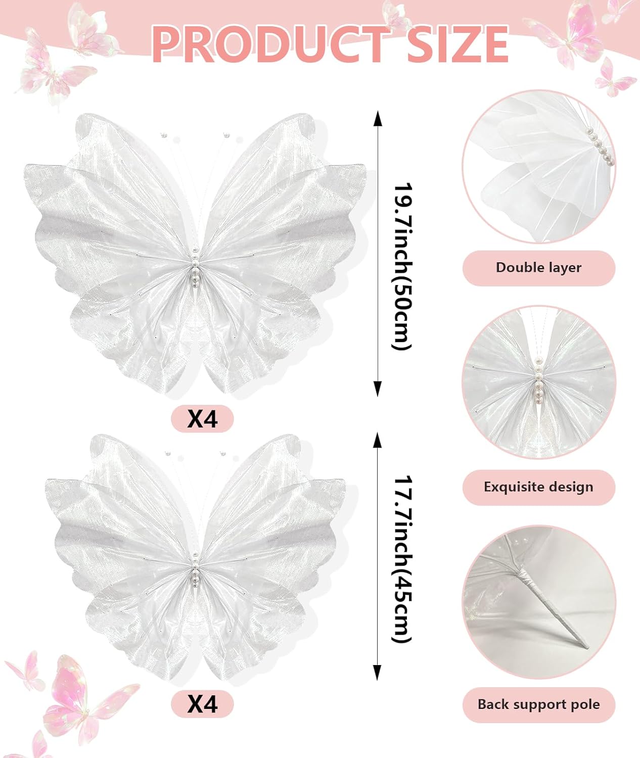 White Giant Butterfly Decorations Set - 8 PCS Large 3D Butterfly Wall Decor (4pcs 45cm & 4pcs 55cm) with 1 Roll Double-Sided Tape for Baby Shower Birthday Wedding Nursery Bedroom Wall Decor