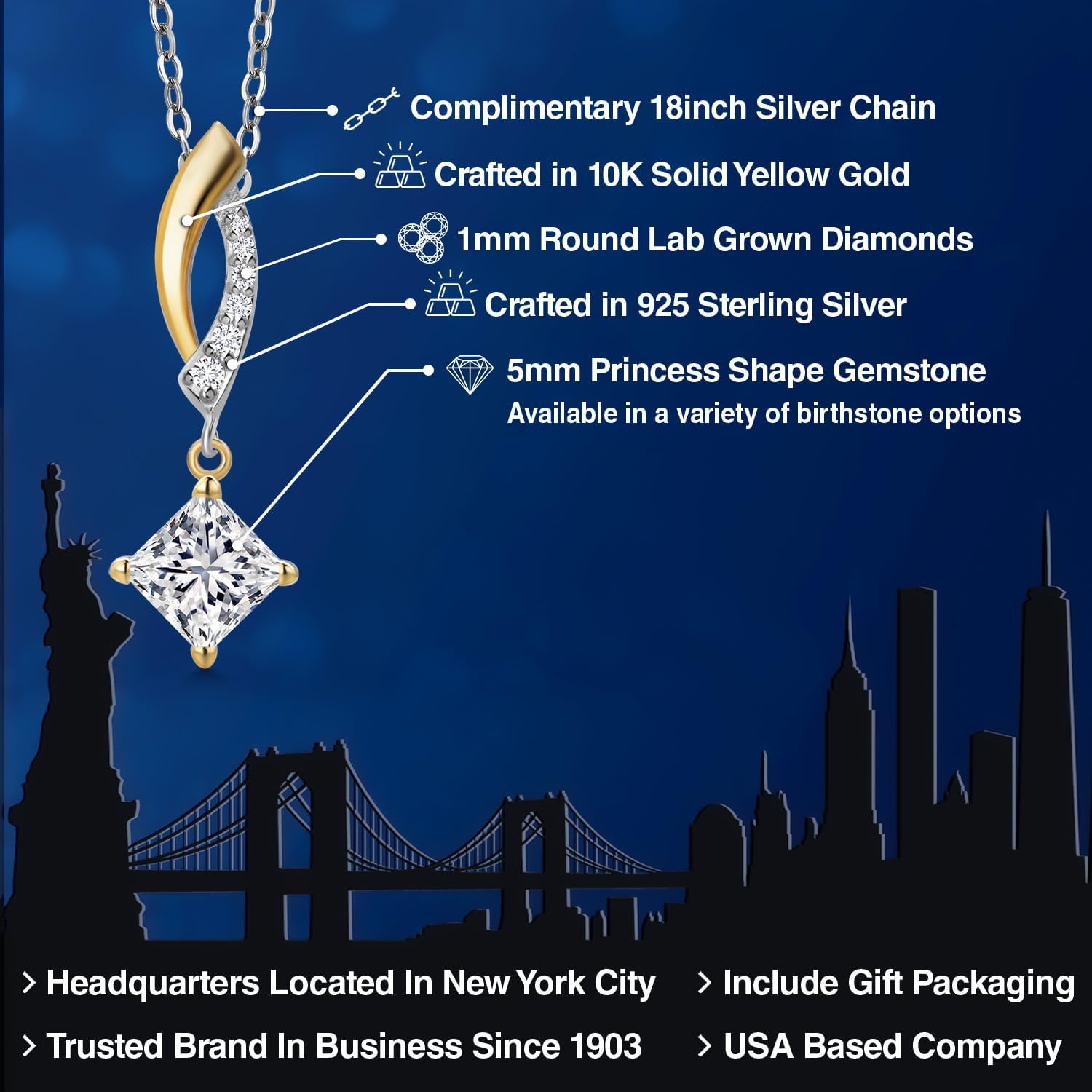 Gem Stone King 925 Silver and 10K Yellow Gold 5MM Princess Cut Gemstone Birthstone and White Lab Grown Diamond Pendant Necklace for Women | With 18 Inch Chain - Image 2