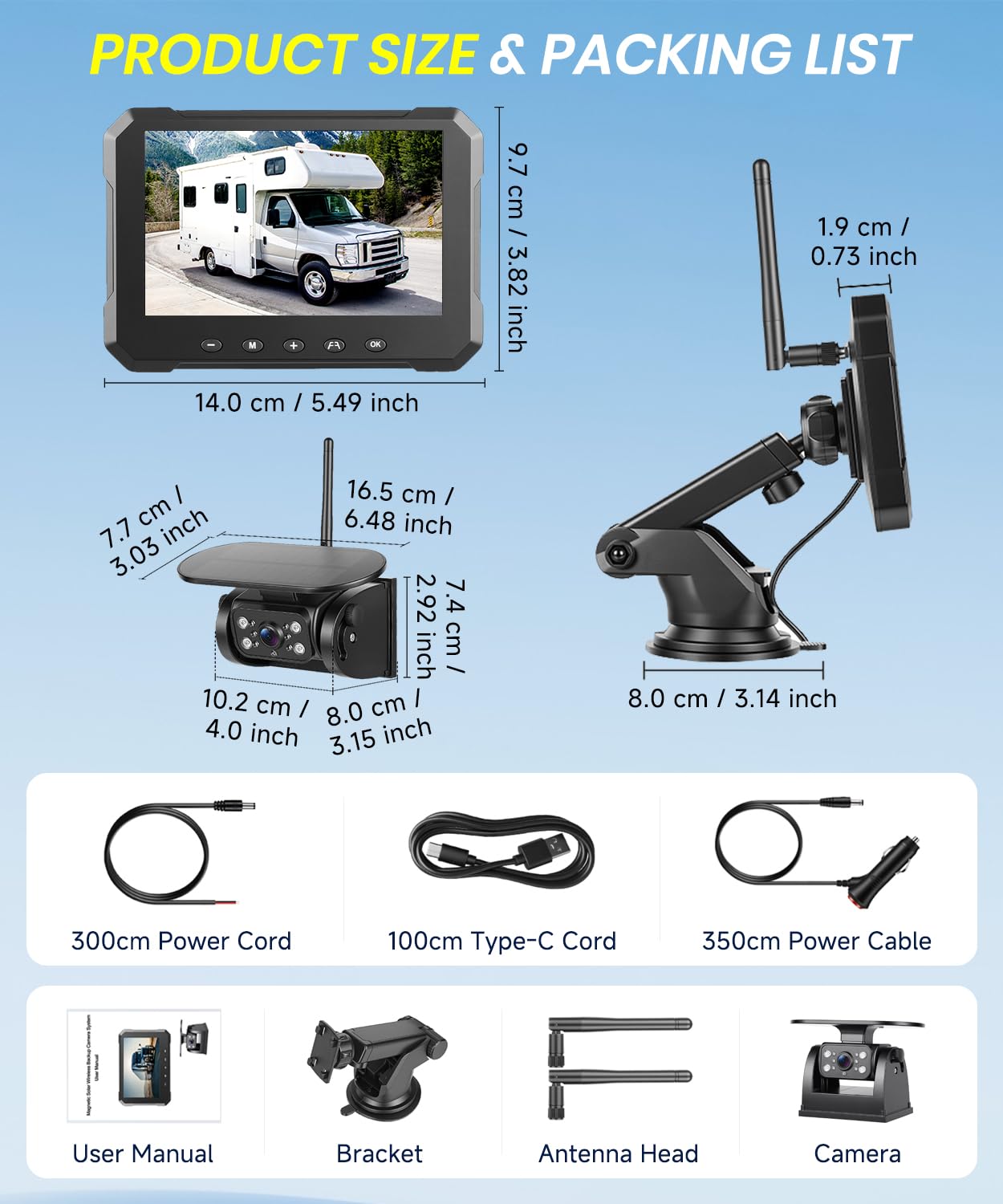 VECHTEL Monitor Retromarcia Wireless 5'' IPS HD, Telecamera Solare Senza Fili 10000mAh Magnetica IP69, Visione Notturna, Linee Guida Parcheggio Intelligenti, Compatibile 12V per Auto Camion SUV