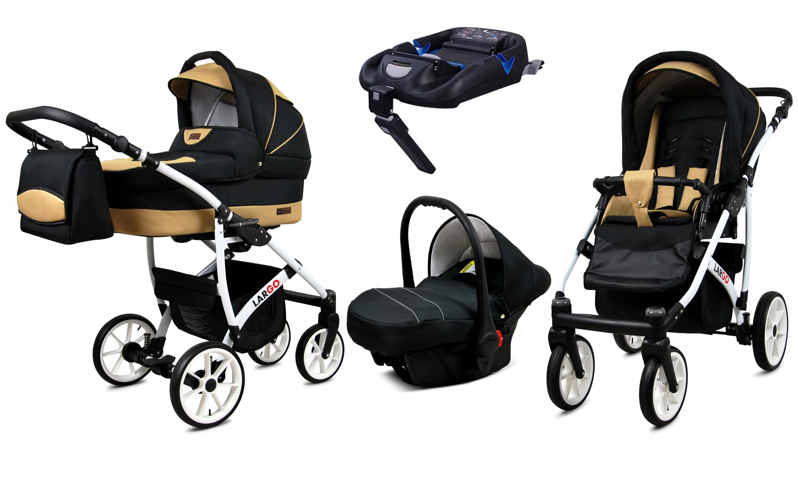 BabyLux Zestaw wózków dziecięcych 4 w 1 – Largo – w zestawie wanienka dla niemowląt, fotelik sportowy, fotelik samochodowy, stacja bazowa ISOFIX – fotelik samochodowy – zestaw wózków dziecięcych