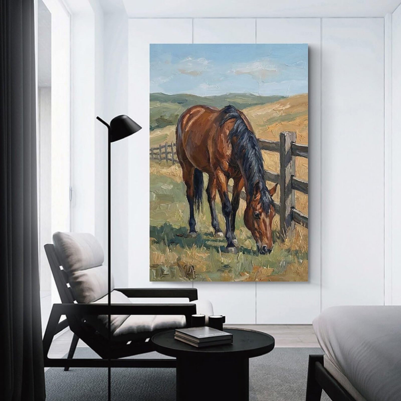 Junmoney Brown Horse Grazing by A Fence Hanging Wall Art, 12x18inch(30x45cm), for New Homes, Bedrooms Or Workspaces, Thoughtful Wall Decor for Art Lovers