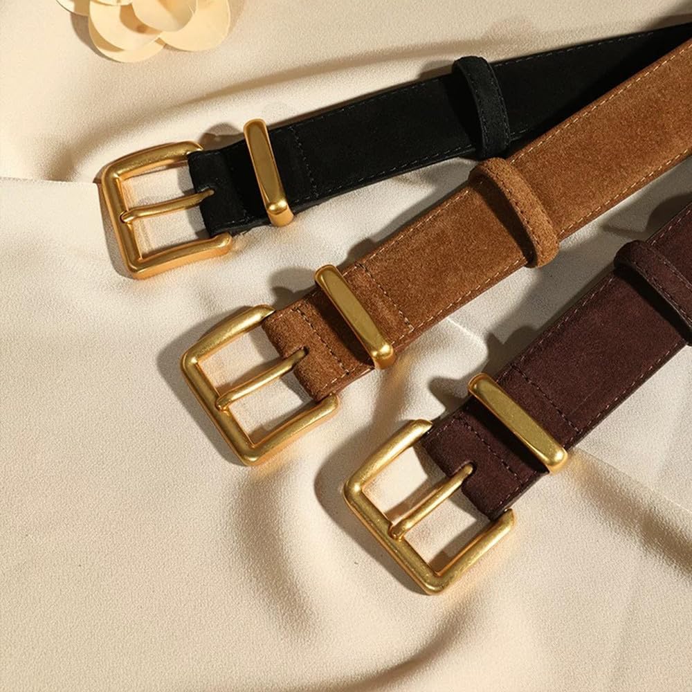 Suede Leather Belt for Women Vintage Style with Gold Buckle 3.3cm Wide Waistband for Dresses Jeans