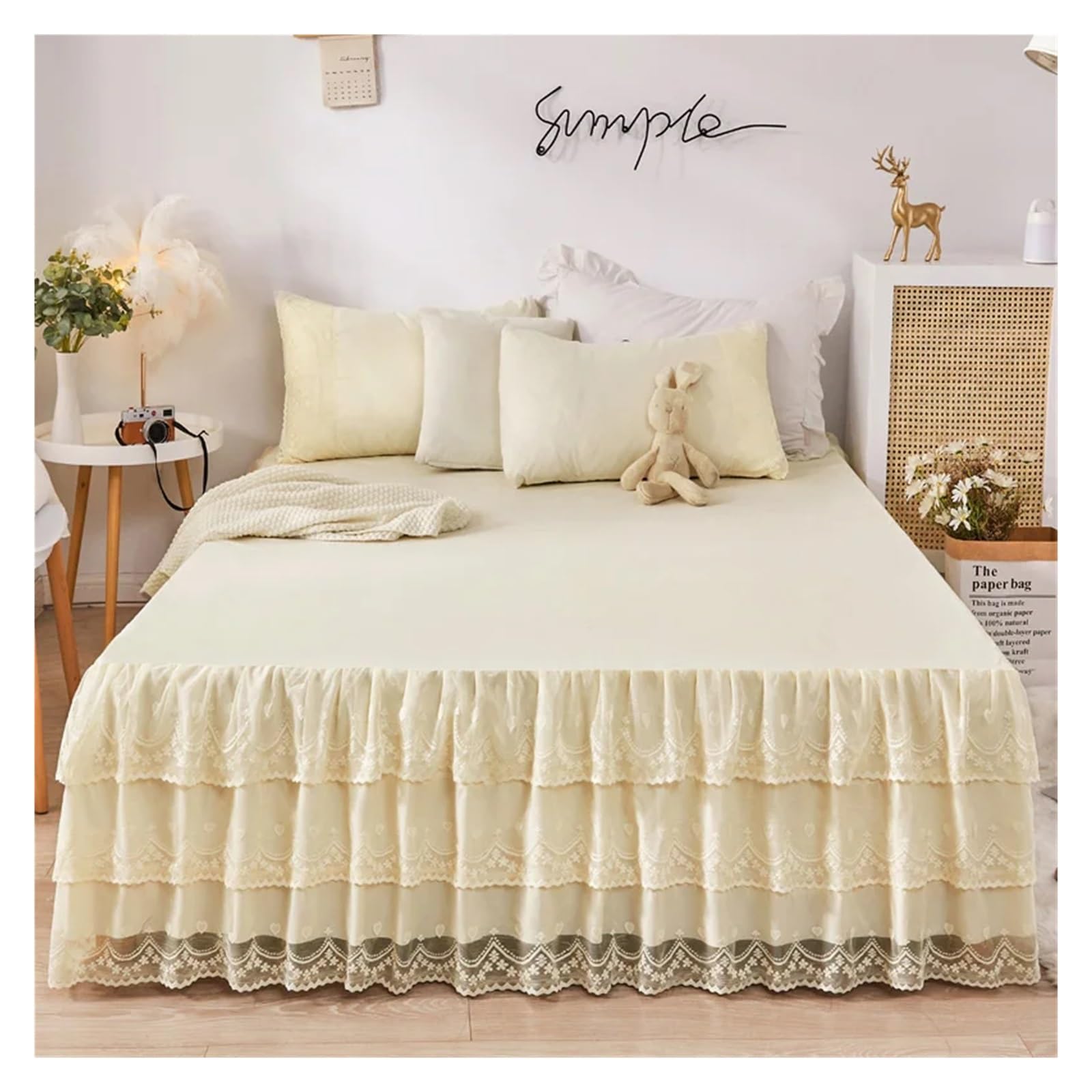 Bed Skirt Pillowcase Bed Set Ruffle Three Layers Lace Bedspreads Sheet Soft Fitted Sheet Cover(22,150x200cm 3pcs set)