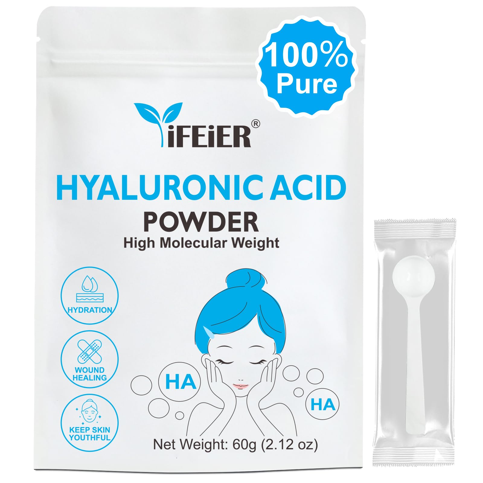 iFEiER High Molecular Weight Hyaluronic Acid Powder (150~180kDa), 60g (2.12oz), Cosmetic Grade