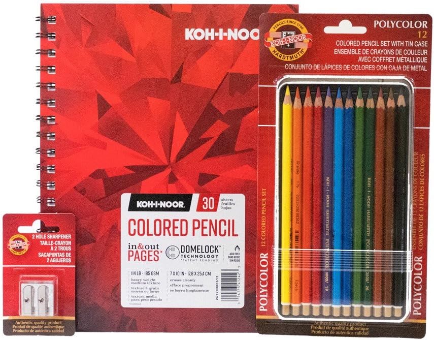Koh-I-Noor Colored Pencil Drawing Bundle, Includes Progresso Woodless Colored Pencils, 7 x 10 Inch Drawing Paper Pad, Metal Sharpener, 1 Bundle (KOH1)
