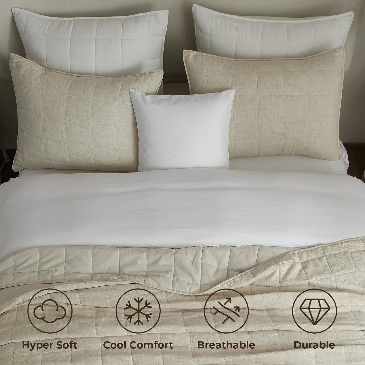 Powdion French Linen Quilt Queen, 100% Linen Front / 100% Cotton Back Pre-Washed Vintage Bedding for All Season, Oversized European 3 Pieces Stitch Bedspread