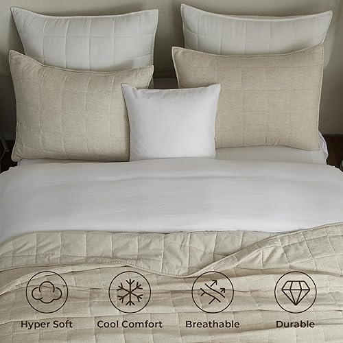 Miniatura 6 de Powdion Colcha de lino francés tamaño Queen, 100% lino frontal, 100% algodón, ropa de cama vintage prelavada para todas las estaciones, colcha