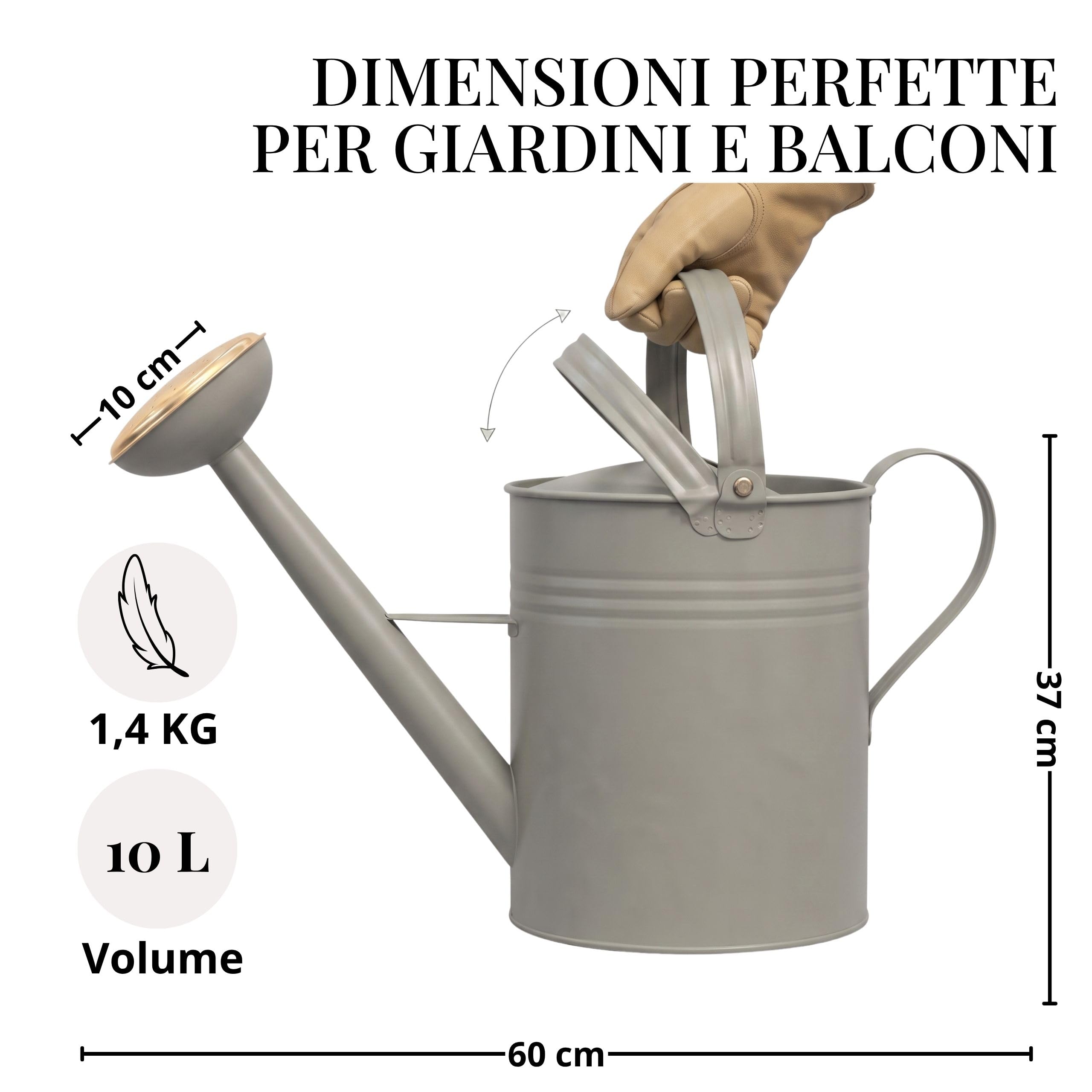 LIVLIG Annaffiatoio 10 Litri 2 Manici – Giardino con Doppio Manico e Pomello Removibile in Ottone, Design Vintage, Verde