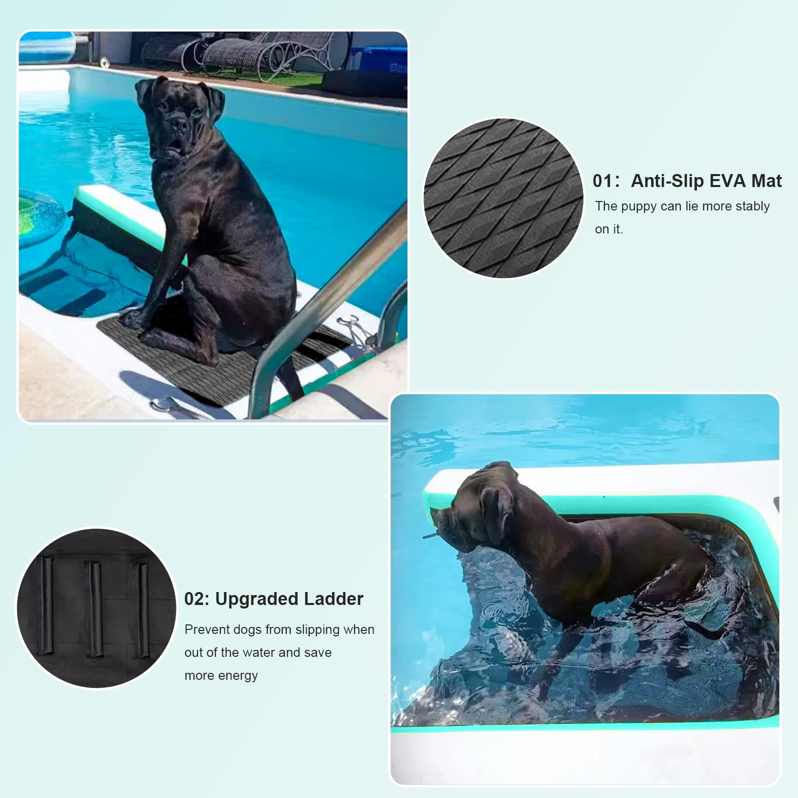 Rampa Gonfiabile per Cani da Barca, Rampa d'Acqua per Cani di Grossa Taglia fino a 200 libbre (90,7 kg), Galleggiante in PVC Antiscivolo con Scala Zattera d'Acqua per Animali per Piscina, Molo