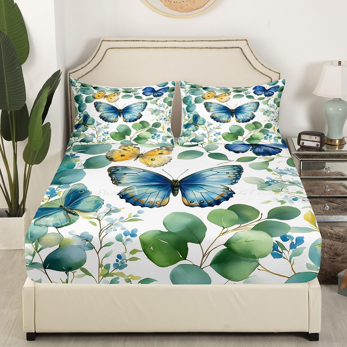 Erosebridal Fitted Sheet Full Size - Eucalyptus Cute Floral Bedding Set, Blue and Teal Green Bed Sheets, Butterfly Decorations Sheets Botanical Flowers Leaves Fitted Bed Sheets, No Top Sheet