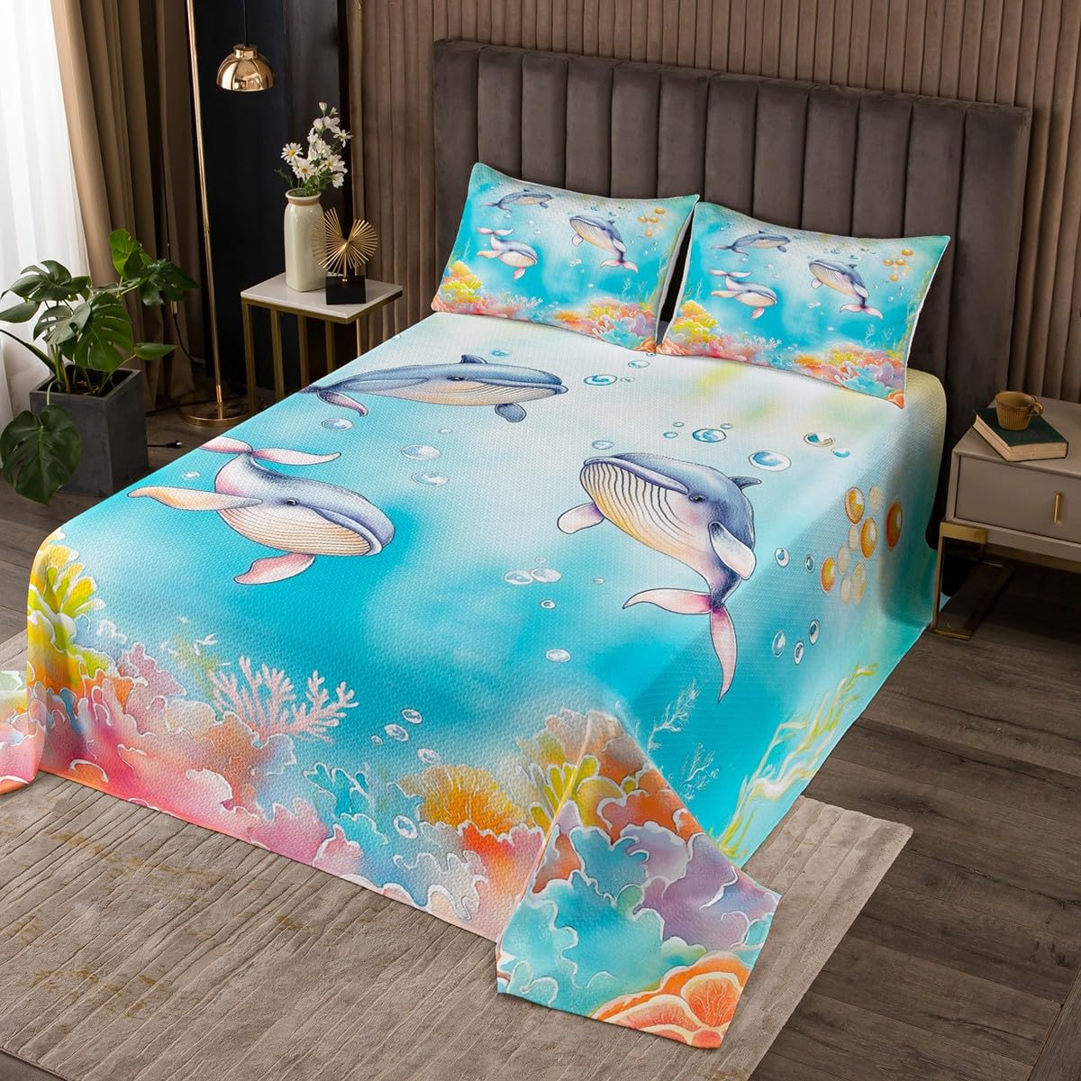 Homewish Sea Whale Bedspread Twin Size,Tropical Underwater World Bedding Set 2Pcs for Kids Girls Boys Teens Room Decor,Watercolor Coral Comforter Set Ocean Life Coverlet Quilt,1 Pillowcase