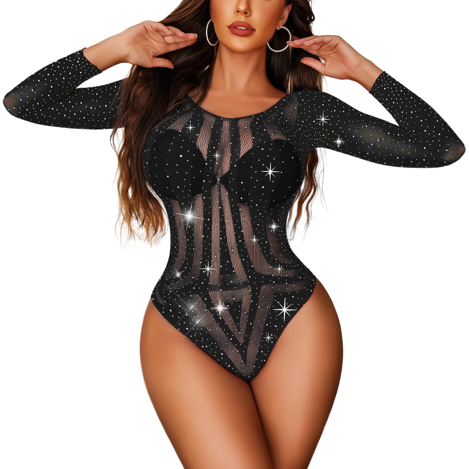 Avidlove Womens Lingerie Fishnet Rhinestone Bodysuit Sexy Outfit for Women Mesh Long Sleeve Lingerie Teddy