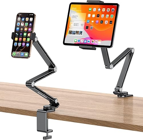 OMOTON Soporte ajustable para tablet iPad, soporte de teléfono de escritorio para cama con 2 abrazaderas, soporte de aleación de aluminio flexible