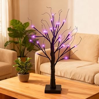 LED Potted Tree Desk Lamp Artificial Black Ghost Tree USB/Battery Dual Power Supply Equipped with 24 Purple LED Lights Suitable for Modern E-Sports Hotels Bedrooms Halloween