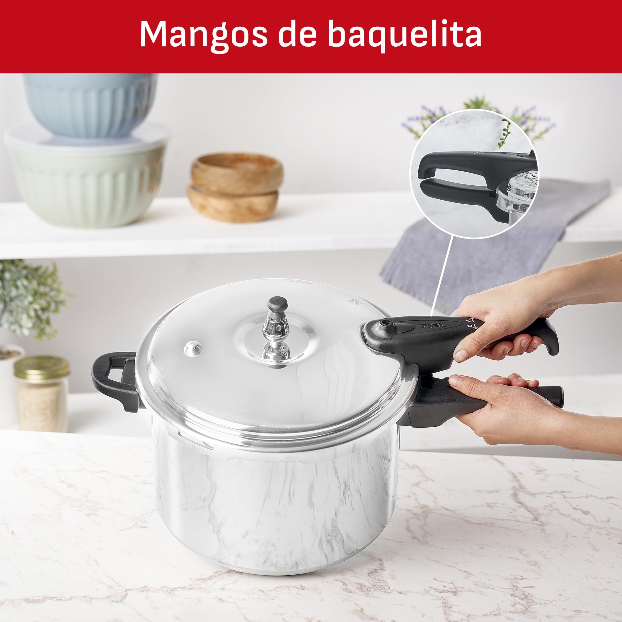 Close-up of the T-fal pressure cooker's bakelite handles, designed for comfortable and secure grip.