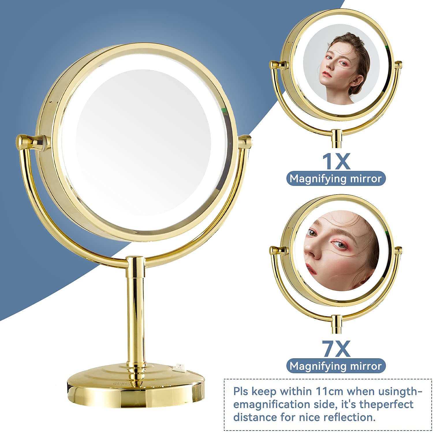 Dowry Espejo Maquillaje con Luz,Espejo de Aumento 7X,Espejo de Mesa Dorado,Espejo de Doble Cara,Diámetro 21.5cm