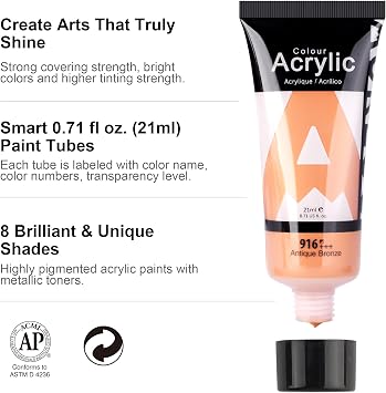 AUREUO Metallic Acrylic Paint Set - 8 Essential Colors 0.71 Fl Oz / 21ml Tubes Gold Silver Art Paints for Crafts Decor Rich Pigments Non-toxic Painting Supplies for Artists