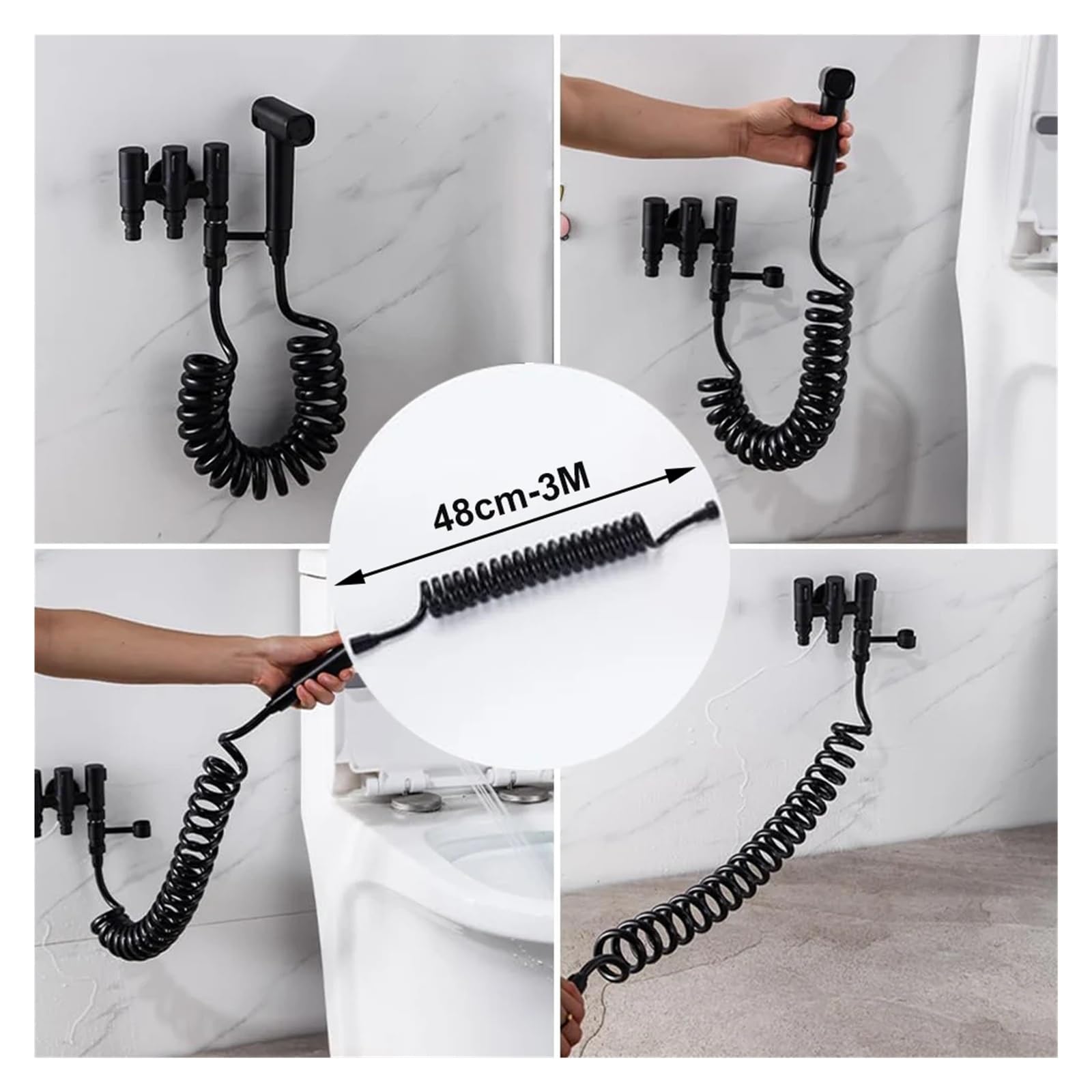 Manguera de ducha flexible retráctil de 1,5 m, manguera extensible universal en espiral para cabezales de ducha y bidé, conexión G1/2 de contracción automática, color negro