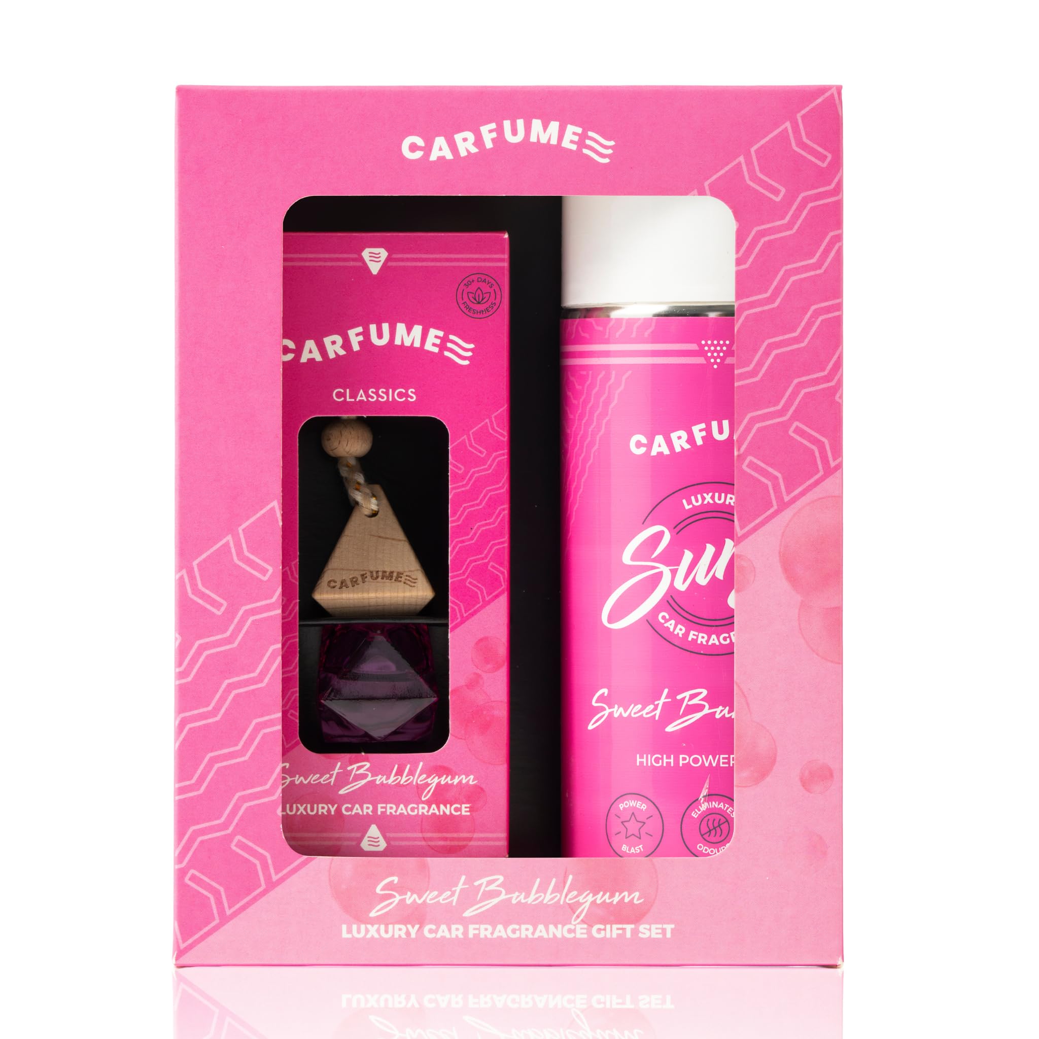 Carfume Sweet Bubblegum Car Air Freshener Gift Set | Classic Collection | Premium Candy & Fruit Fragrance - Hanging Diffuser & Surge Can - Luxury Pink Unisex Car Accessory Gift