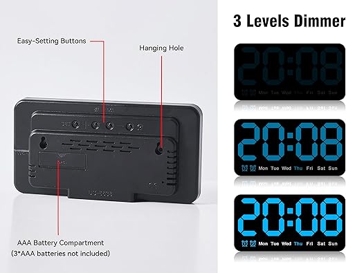 Miniatura 5 de Triangle Plum Reloj de pared digital grande, 9.5 pulgadas, despertador LED con dígitos grandes, DST, alarma doble, brillo de 3 niveles para sala de