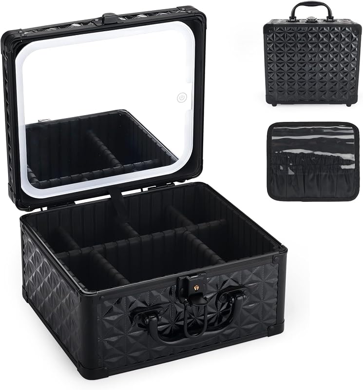 Maleta de maquiagem HAISKY com espelho LED removível, divisórias ajustáveis e fechadura, Sparkling Black
