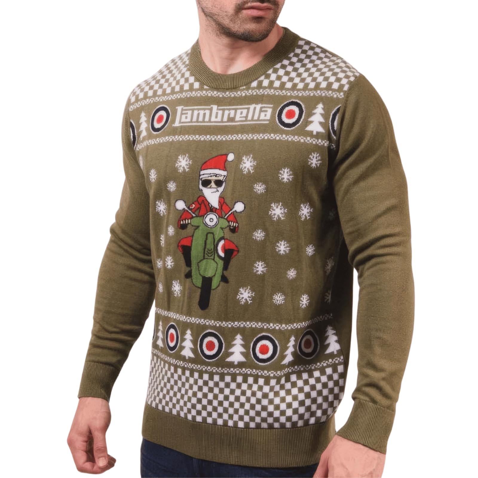 Lambretta Men's Khaki/Santa Scooter Christmas Jumper Festive Sweater Scooter - Xl