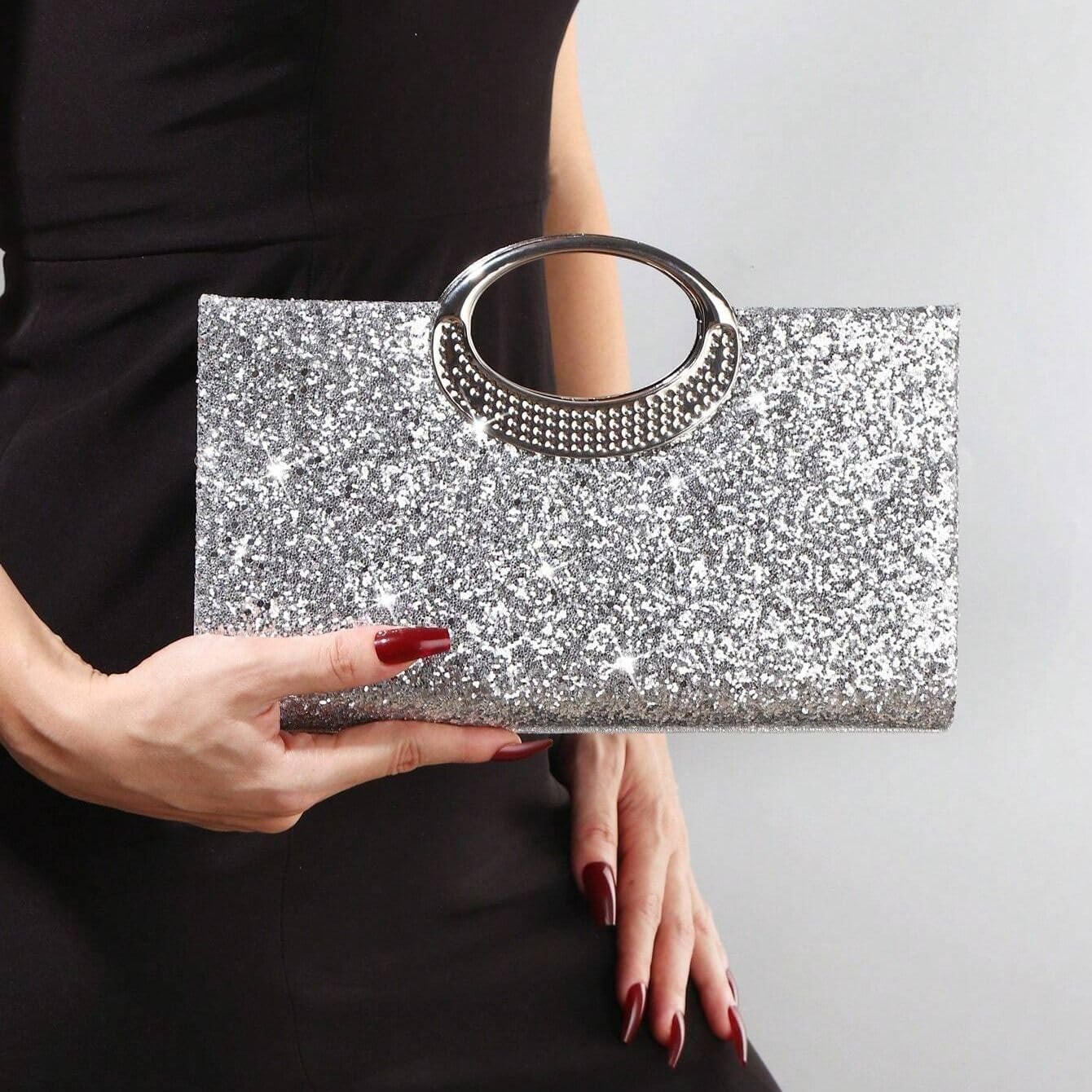 Silver Clutch Purse for Women, Sequin Crossbody Evening Bag with Detachable Chain, Elegant Wedding Party Handbag