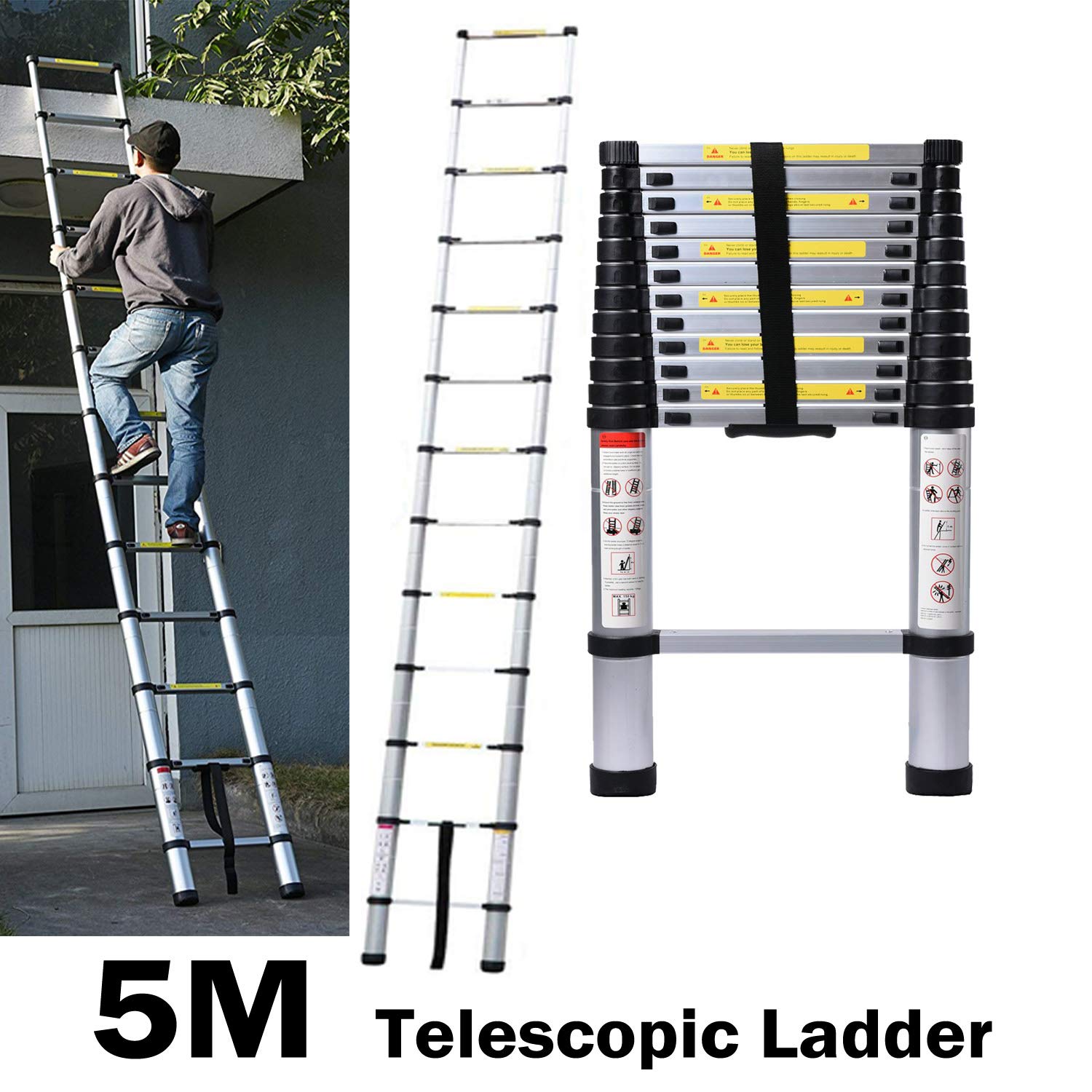5M Alu Teleskopleiter, Ausziehbare Leiter, Klappleiter Stehleiter Rutschfester, Ausziehleiter Mehrzweckleiter, Haushaltsleiter 150 kg Belastbarkeit Mit EN131 Zertifiziert