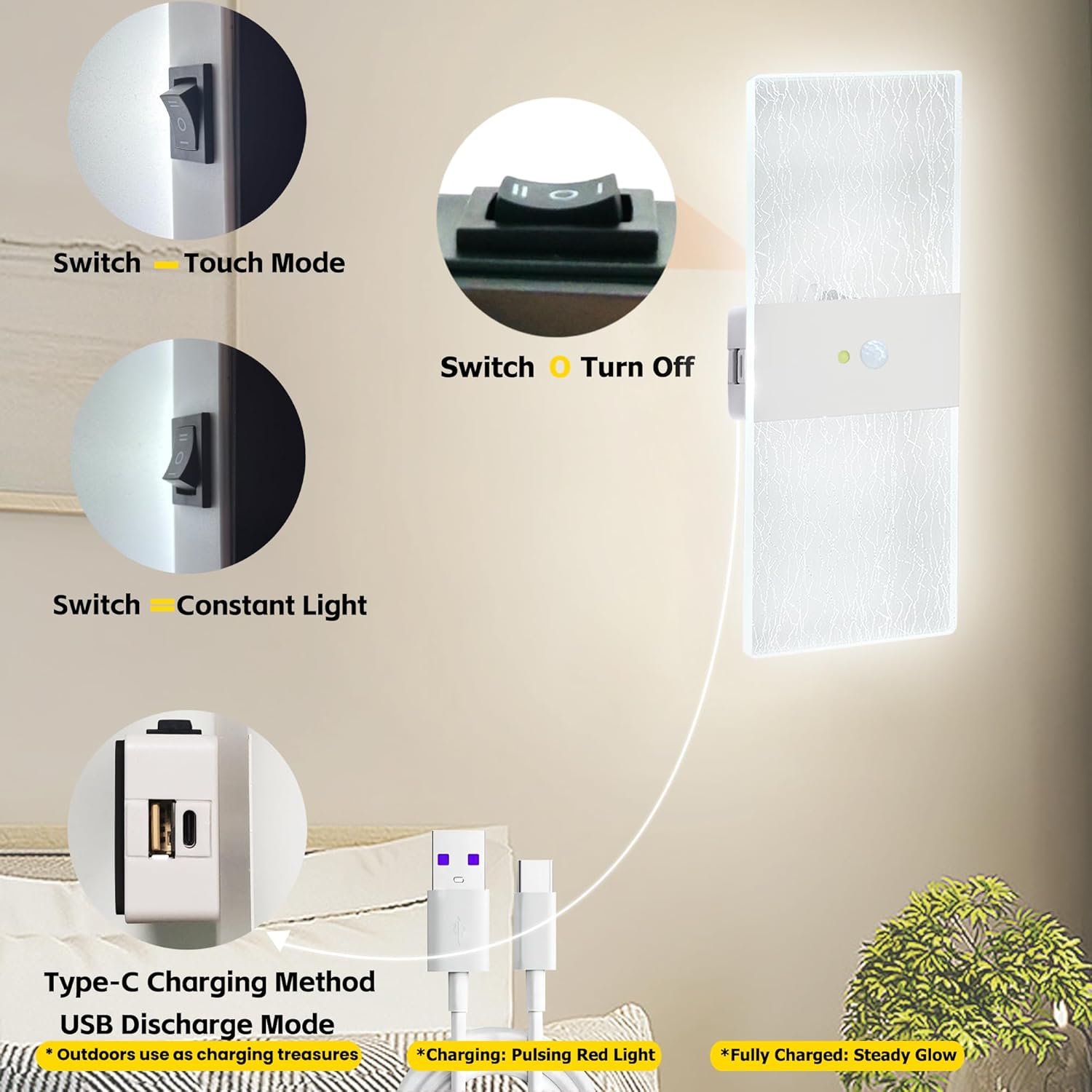 Sensor Control Battery Operated Wall Sconces,Wall Lamps Set of Two for Living Room Bedroom Hallway,USB-C Rechargeable,Magnetic Installation,Motion-Sensing Control Switch,White Light