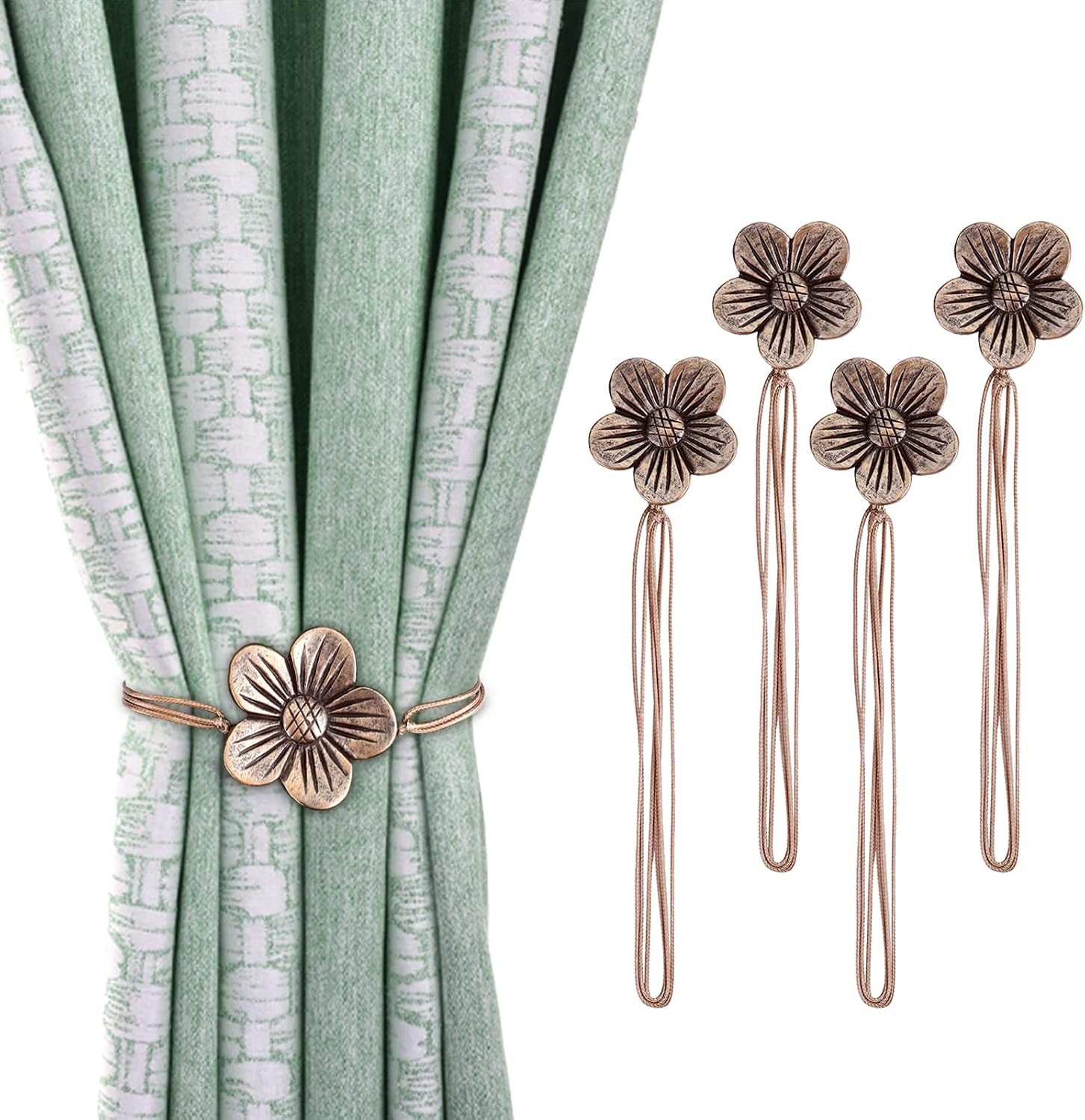Suwimut 4 Pack Magnetic Curtain Tieback, Vintage Flower Curtain Drapery Holdback Window Curtain Decorative Buckle Holder for Home, Bedroom, Office - Coffee