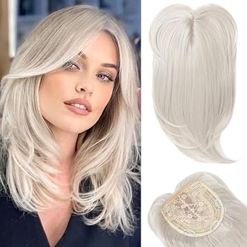 HOOJIH Hair Topper, Long Layered Topper with Bangs for Women with Thinning Hair 14 Inch Slightly Curled Ends Synthetic Fiber Pieces for Women - Silver Gray with Little Warm Blonde Mixed