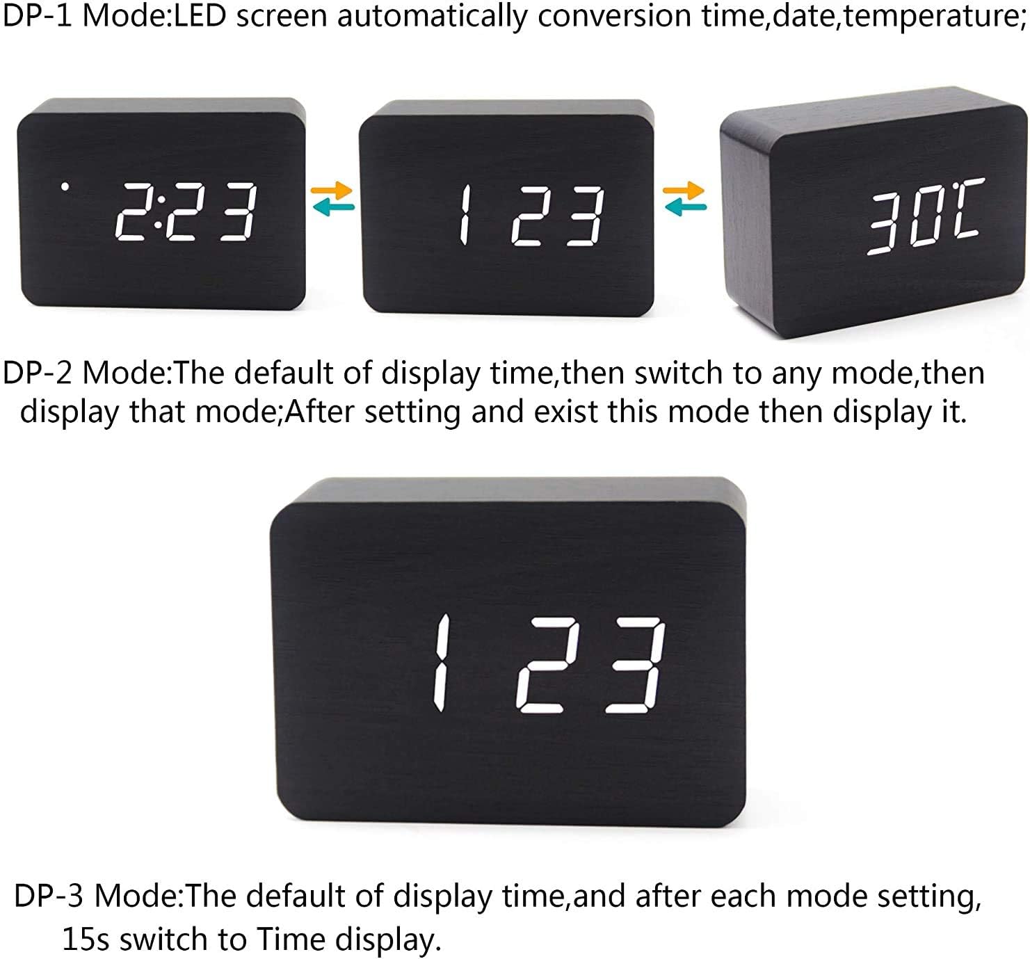 OFLILAK Wooden Digital Alarm Clock for Bedrooms, 4 Level Adjustable Brightness and Voice Control, Display Time Temperature Date for Bedroom Office Home(Black)
