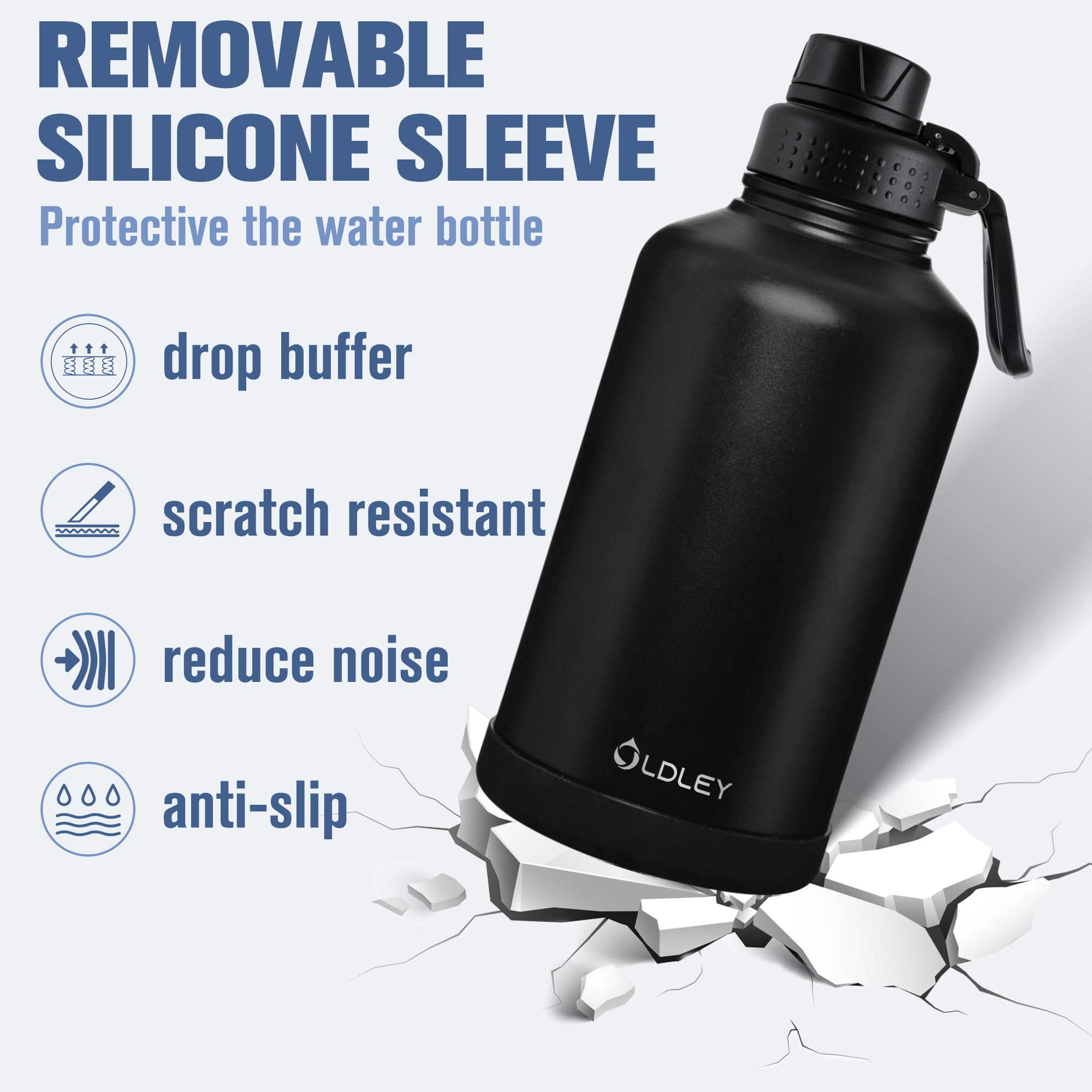 OLDLEY Isolierte Wasserflasche mit Strohhalm, Edelstahl-Sport-Trinkflasche mit 3 Deckeln (Strohhalm, Ausguss und Griffdeckel), doppelwandig, Reise-Thermobecher, Schwarz