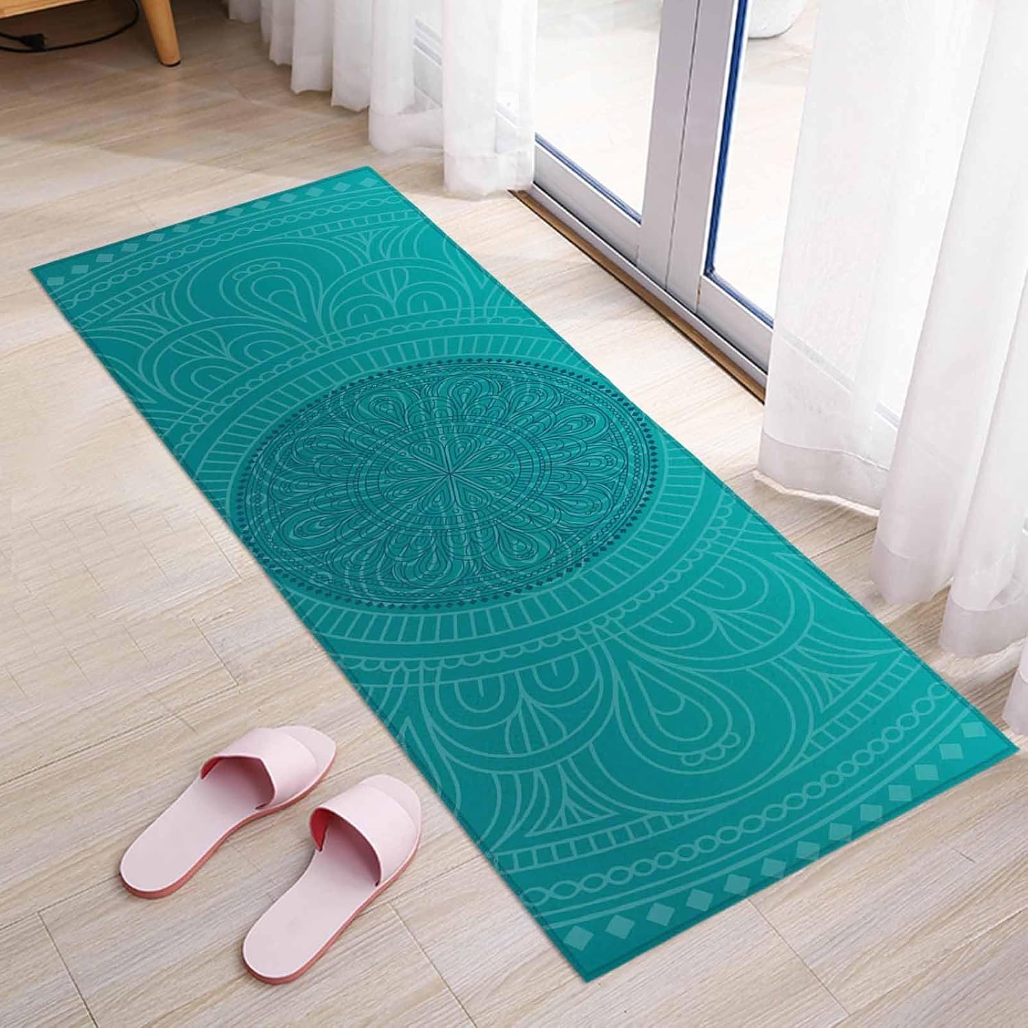 Kitchen Mats for Floor Bohemian Flower on Teal Green Washable Non Slip Kitchen Rugs 1PCS, Boho Chic Blossom Floral Absorbent Standing Mats for Sink Bathroom Office Living Room 15.7x47.2in