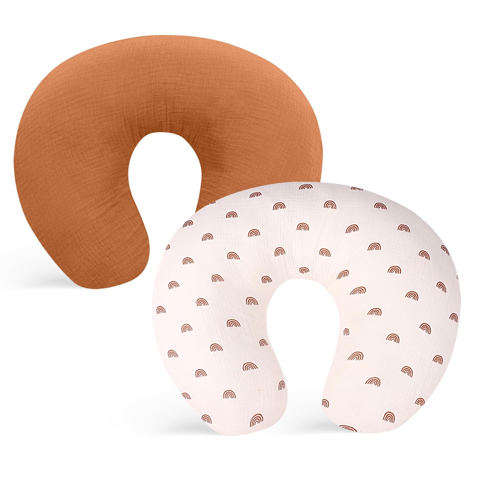Winmany 2 Pack Muslin Nursing Pillow Covers Soft Cotton Newborn Breastfeeding Pillow Cover Baby Removable Feeding Pillow Slipcover for Boys Girls (Orange + Rainbow)