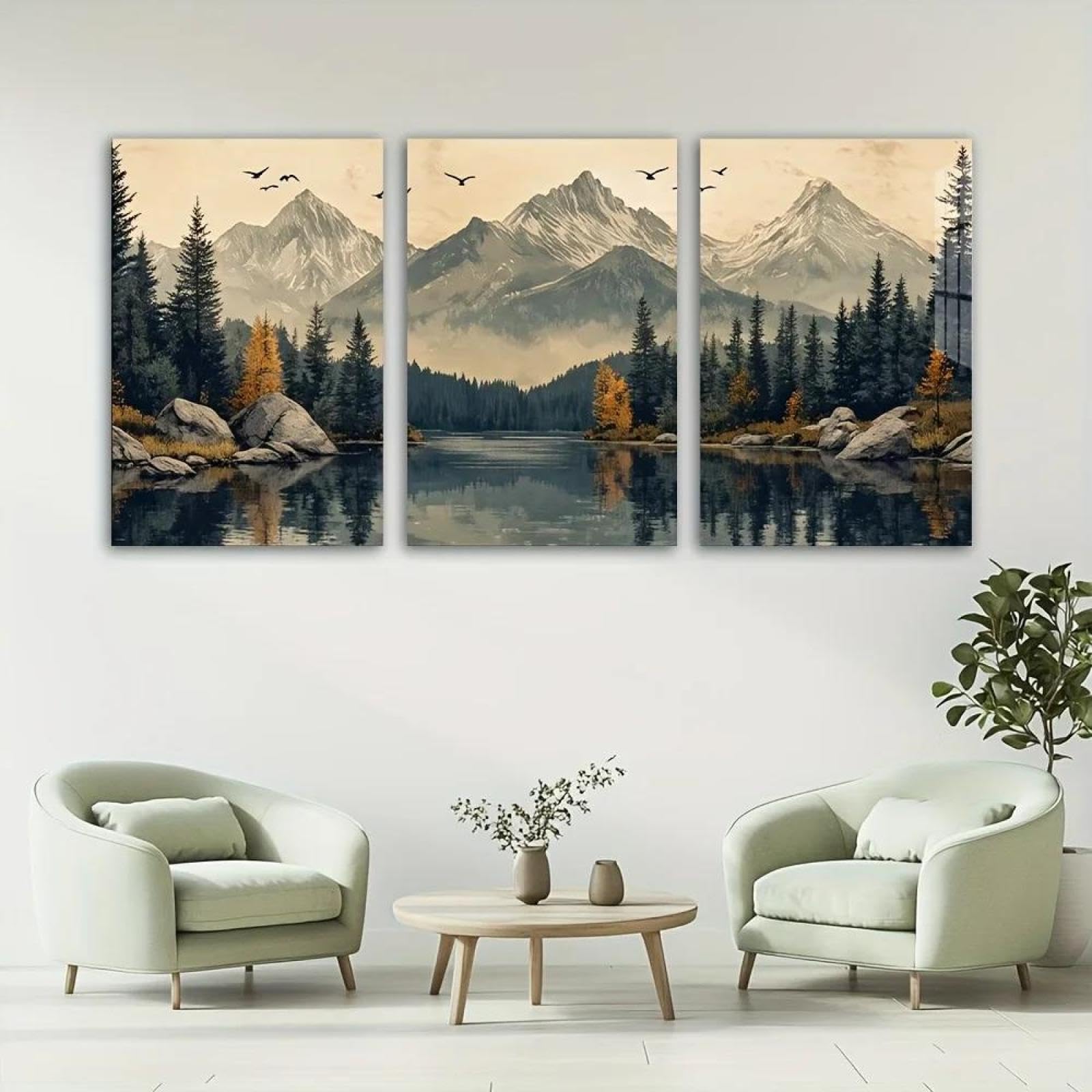 Yocheng 2D Flat 3pcs,canvas, Snow Mountain, Forest, Lake Landscape Paintings, Canvas Wall Art 60x80cmx3 No Frame