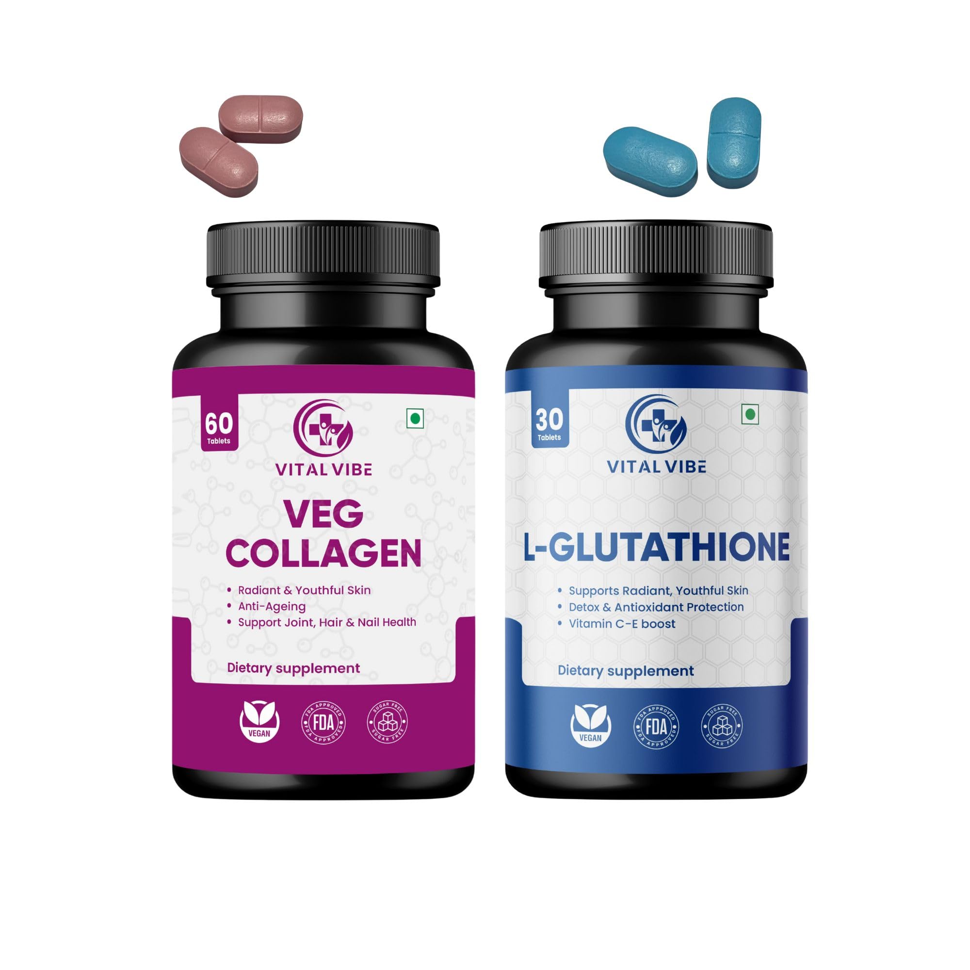 best glutathione and collagen tablets for skin whitening Vital Vibe + Combo | 1000mg Veg Collagen (60 Tabs) & 500mg L-Glutathione (30 Tabs) Bac Water For Injection cleansing oil Dose:5 mg