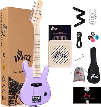 Winzz 30 Inch Kids Electric Guitar | Ideal for Chidren Ages 47, Purple | 1/4 mini size, for kids height 100120cm 33" to 311", beginner, all-in-one bundle with amp, lightweight, silent practice