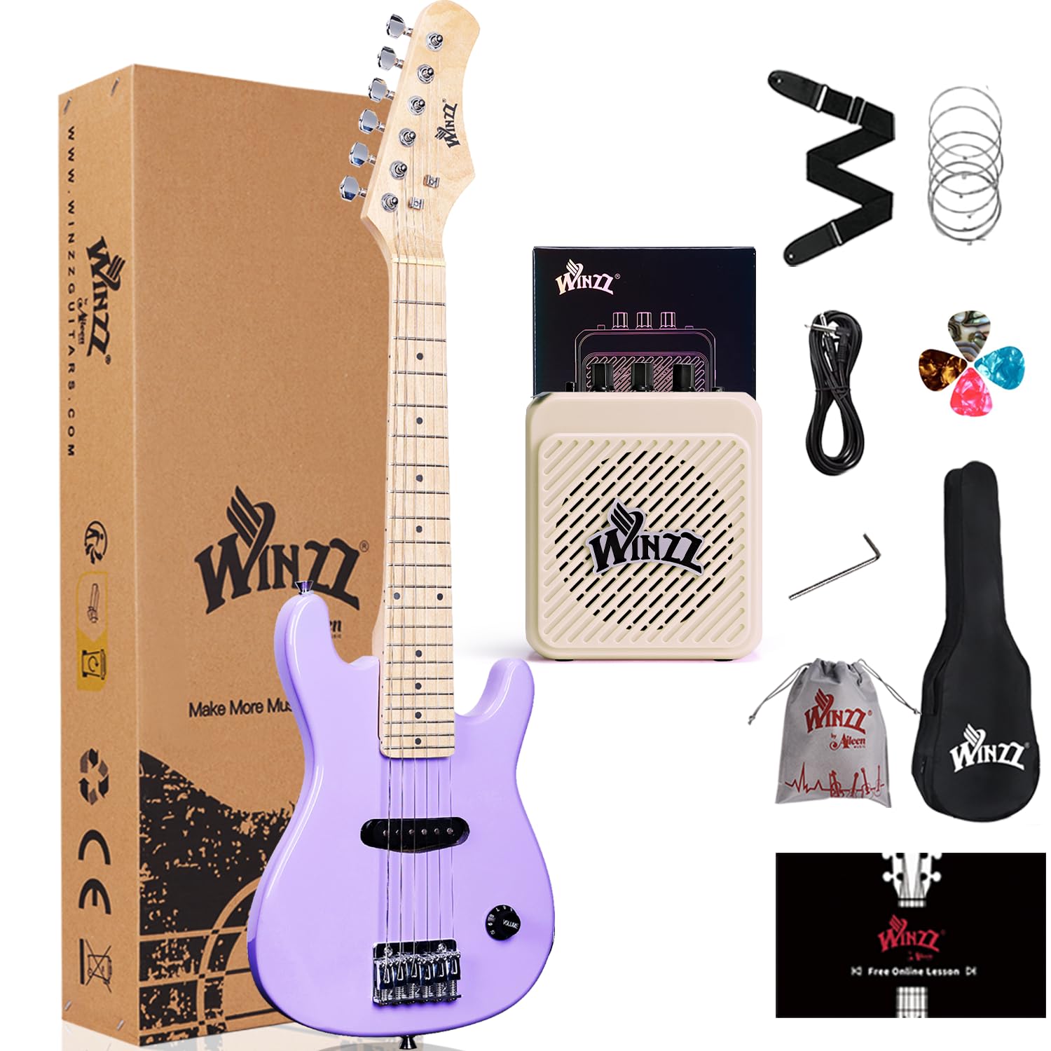 Winzz Kit per chitarra elettrica per bambini da 76,2 cm, mini chitarra elettrica per principianti con amplificatore, custodia, corde extra, plettri, cinghia, cavo e chiave, viola speciale