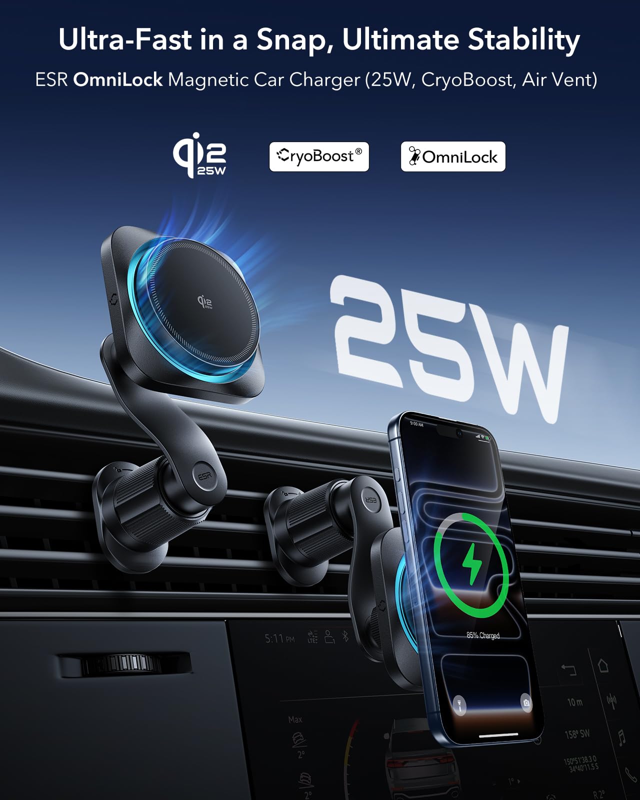 ESR OmniLock Qi2.2 Zertifiziert 25W MagSafe Autohalterung Ladegerät mit CryoBoost, Handykühlung, Handyhalterung Auto Ladefunktion 360° drehbar, Wireless Car Charger für iPhone 17/16 mit iOS, S26 Ultra