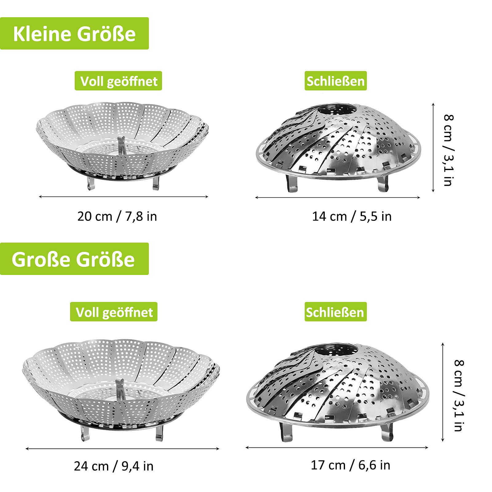 Stoompan inzetstuk, 20 cm groentestomer, roestvrij stalen stoompan, stoominzet, stoominzet, voor groenten, pannen en verschillende kookprocessen, klein