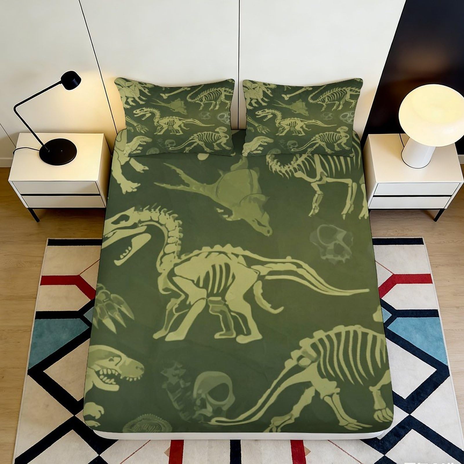 3D Printed Dinosaur Fossil Fitted Sheet Microfiber Soft Green Skeleton Bed Cover for Bedroom Guest Room Mattress Protection Decor 160x200x25cm