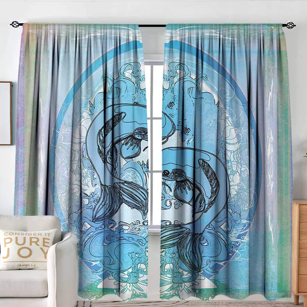 NUOMANAN Blackout Curtains Japanese,Soul Mate Ethnic Oriental Exotic Fishes on Gradient Round Framed Sea Illustration,Blue Lilac,for Bedroom&Kitchen&Living Room 54"x84"